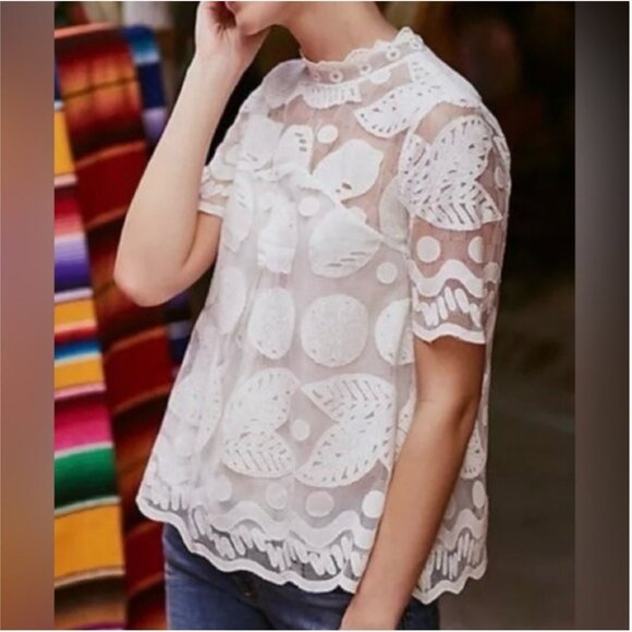 HD in Paris Tops - Anthropologie x HD in Paris | White Lace Lemon Print Blouse